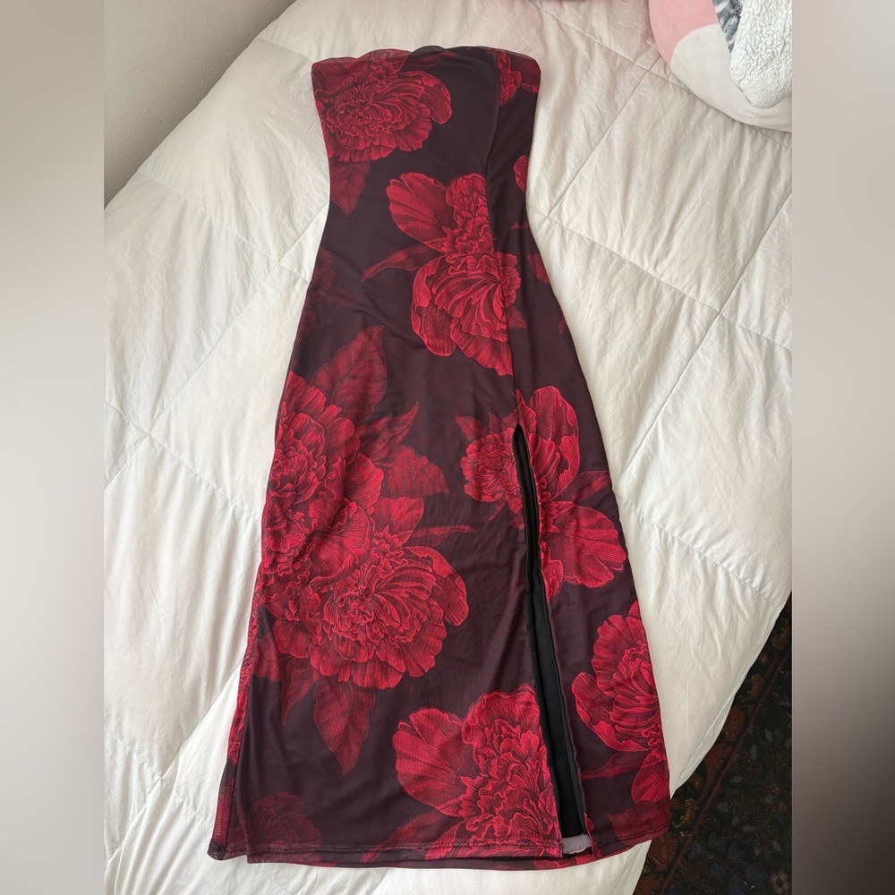 Windsor Strapless Red & Black Floral Maxi Dress